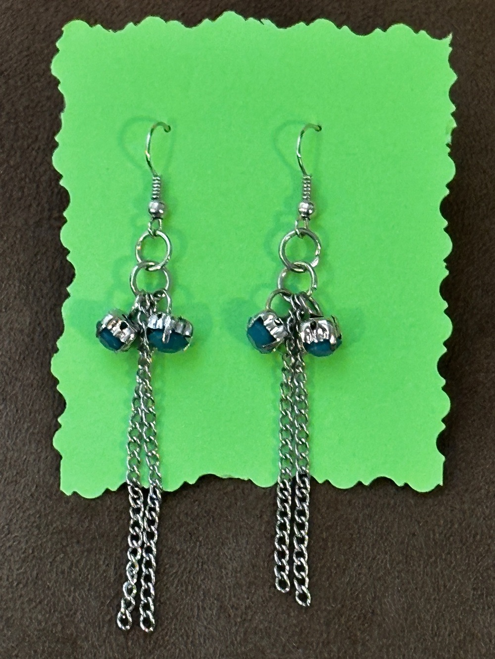 Chain Dangle Earrings with Blue Beads Silver tone